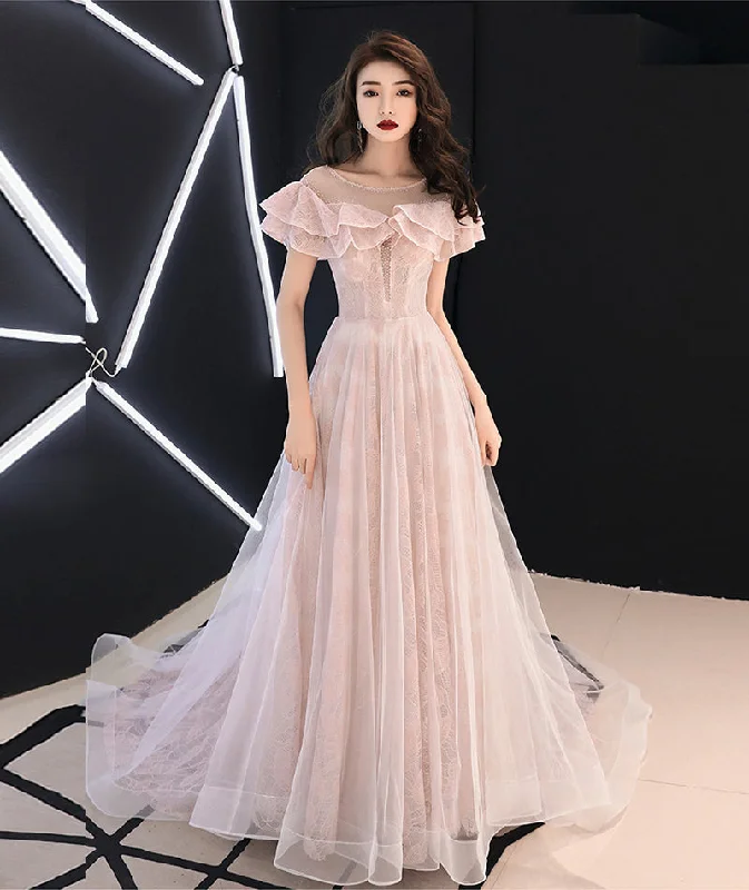 Tiered DressPink lace tulle long prom dress pink evening dress  8372