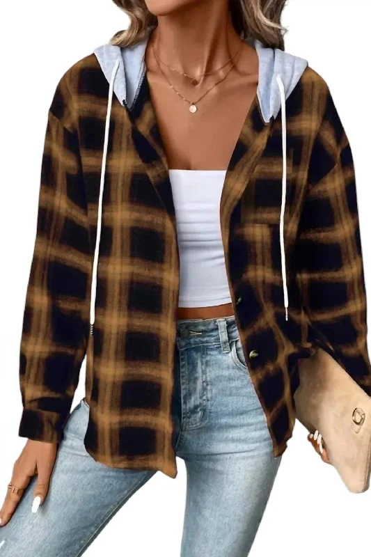 modern women's coatsMallory Plaid Hooded Shacket In Caramel