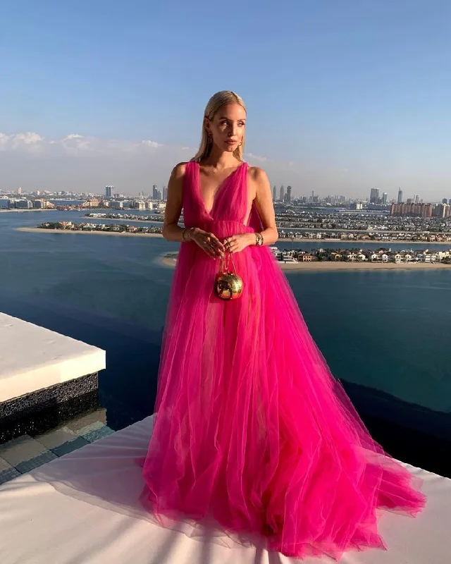 women's formal dressesPink V-neck contrast color long shoulder strap tulle long ball gown prom dress evening dress gh3067