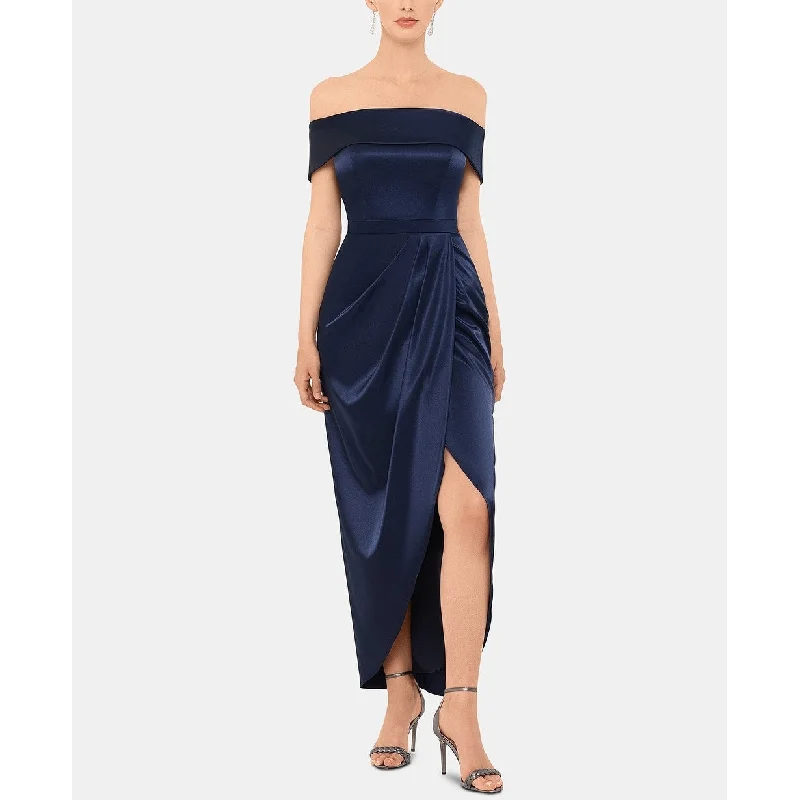 women's plus-size dressesXSCAPE Women's Satin Off The Shoulder Evening Dress Navy Size 4