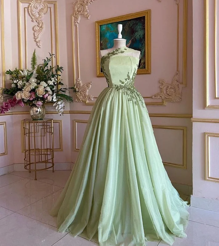 women's halter dressesGreen Gorgeous Delicate applique Beaded Long Tulle Formal Custom Prom Dress Evening Gown gh3148