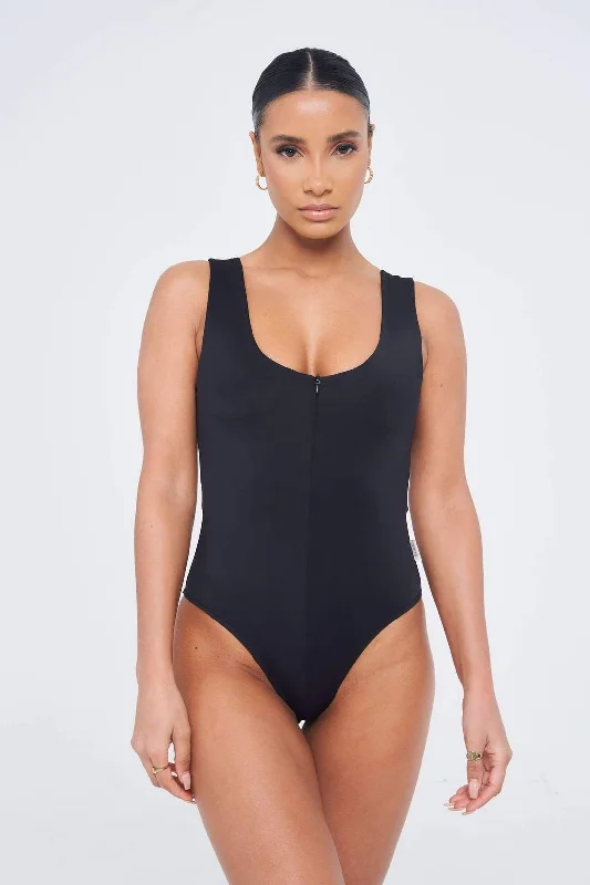 women's tops with geometric patternsSian Marie Contour Low Neck Zip Bodysuit - Black