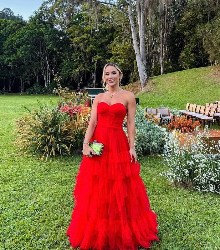 Tiered DressRed sweetheart neck tube top stylish elegant layered tulle long ball gown evening dress gh3081