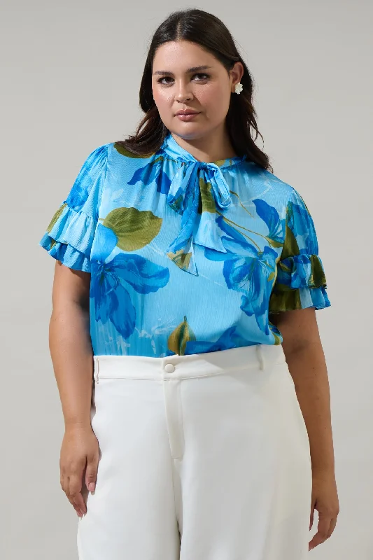 women's tops for everyday eleganceNeiva Floral Tie Neck Bianca Blouse Curve