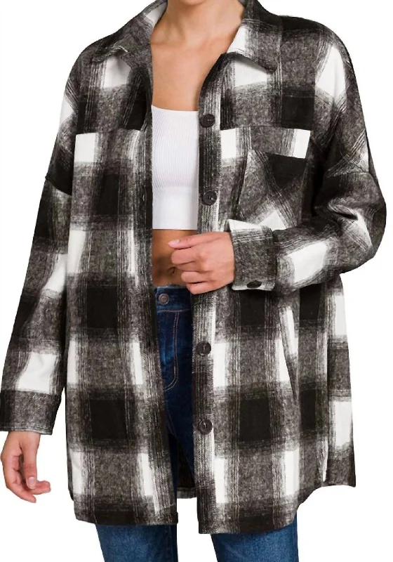 women's coats for ice skatingOversized Buffalo Plaid Shacket In White/black