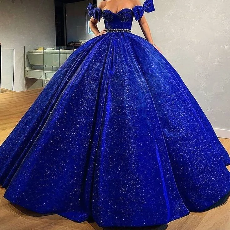 Sequined DressBlue gorgeous shiny sequined off-the-shoulder long ball gown evening dress gh3090