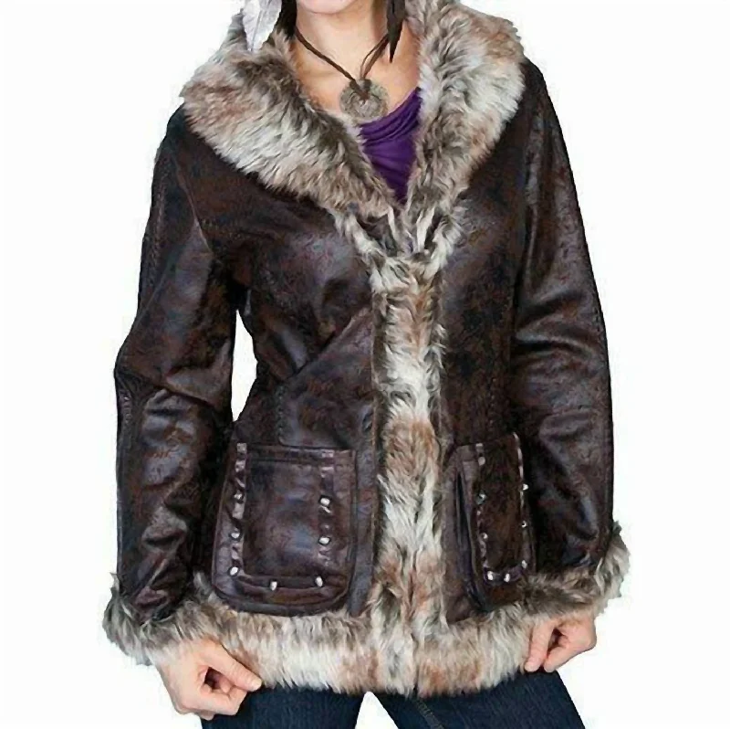 women's coats with button-down frontsFaux Fur Leather Distressed Jacket In Multi