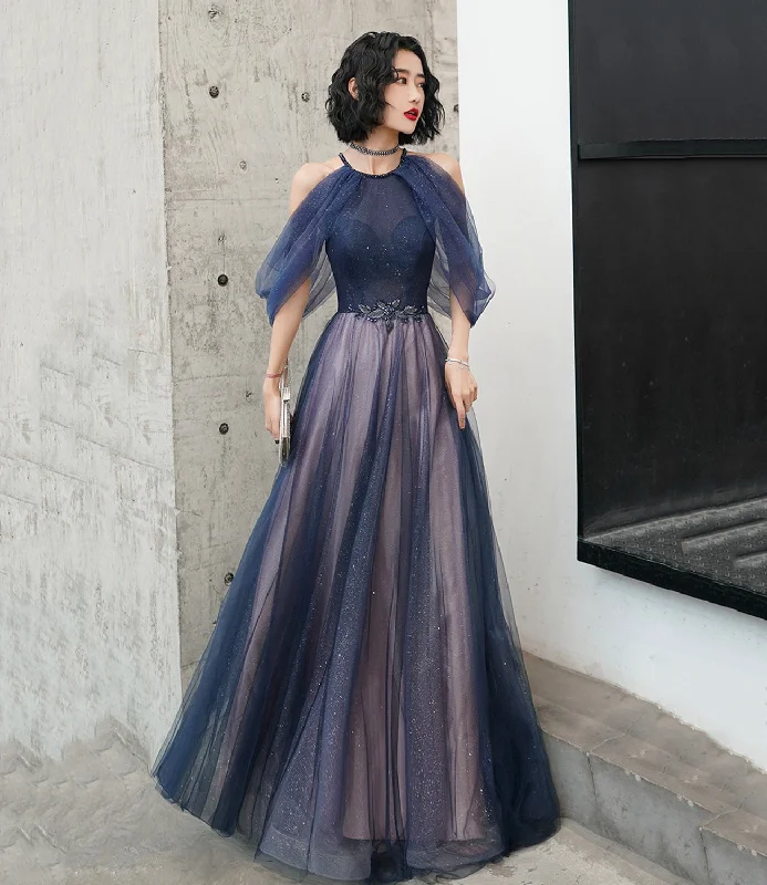 Scoop-Neck DressBlue tulle sequins long prom dress blue evening dress  10497