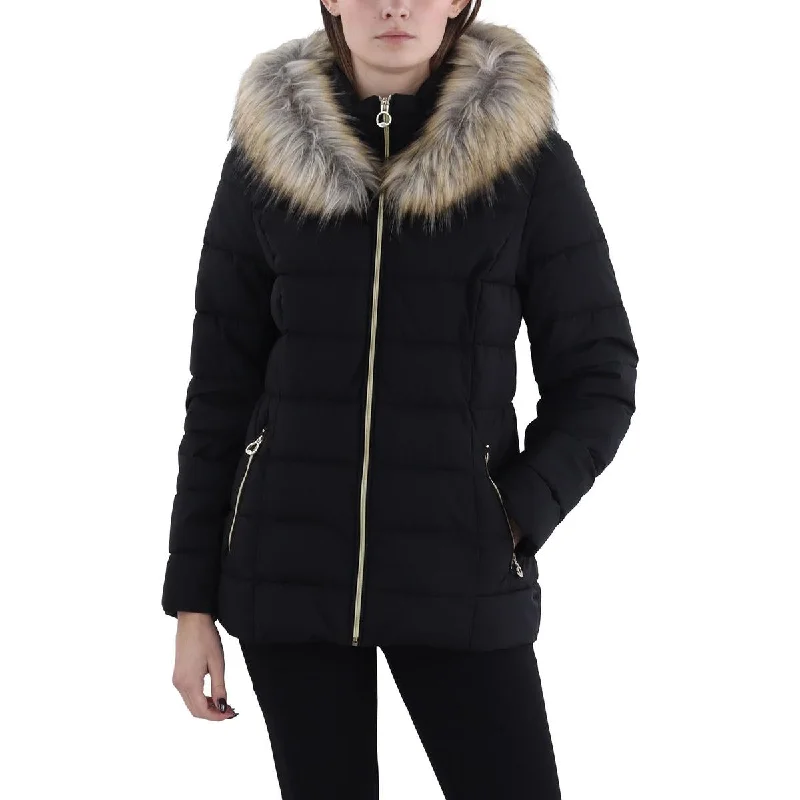 women's coats with hoodsWomens Faux Fur Trim Hooded Puffer Jacket