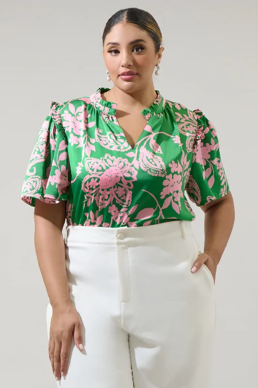 women's tops for those who want to create outfits that reflect their personal style and sense of fashionAnela Floral Mei Split Neck Satin Top Curve