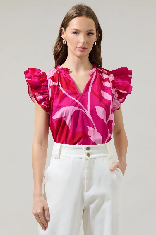 women's tops for wedding guest attireMila Floral Risette Ruffle Split Neck Top