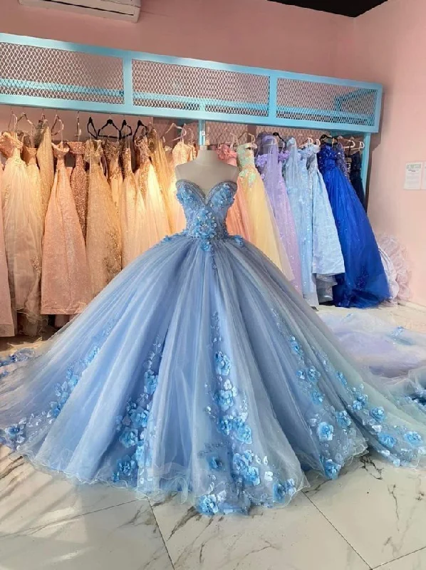 Custom DressBlue gorgeous exquisite applique beaded long tulle ball gown evening dress gh3071