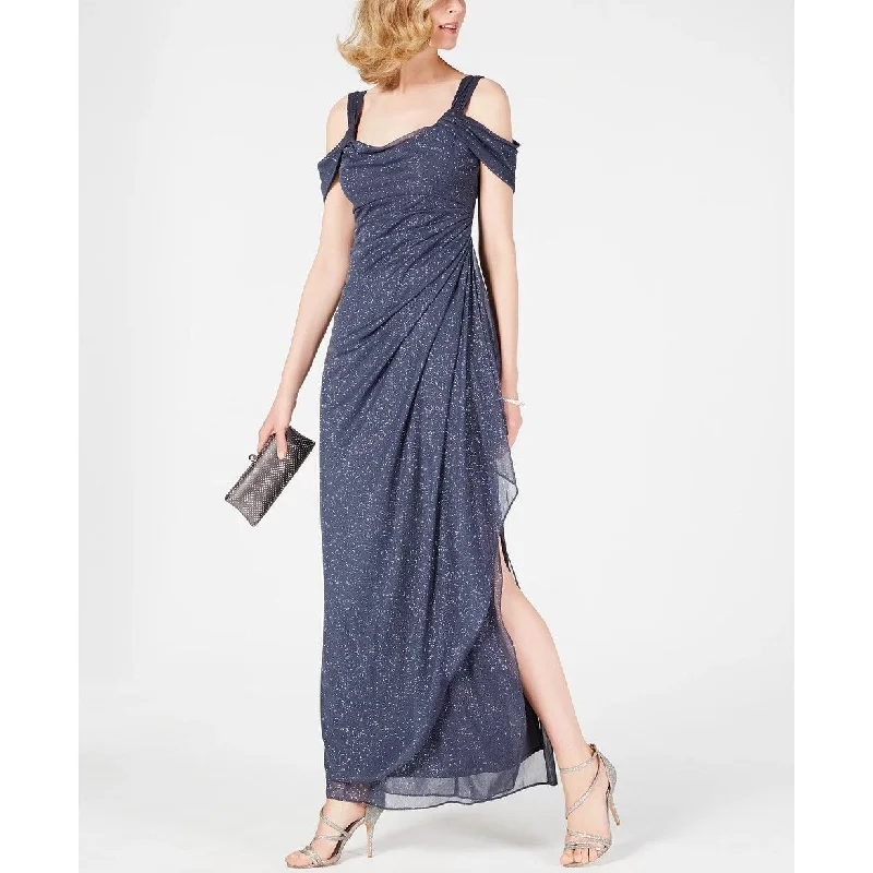 Flutter-Sleeve DressAlex Evenings Women's Cold-Shoulder Draped Metallic Gown Grey Size 14