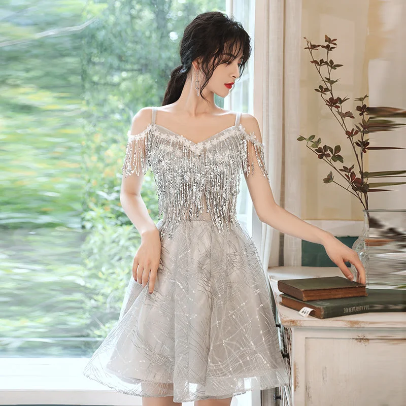 Silk DressGray sequins short prom dress evening dress  8326