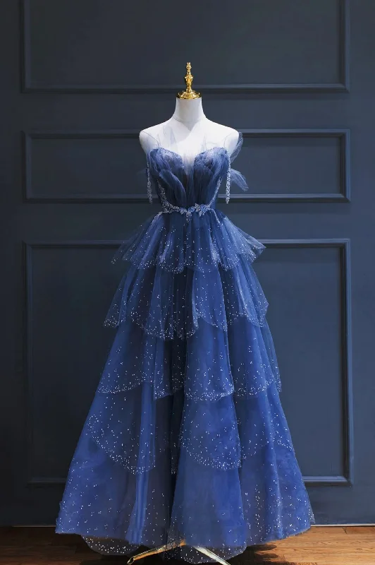 Evening DressBlue gorgeous tulle beaded long A-line ball gown evening dress gh2105