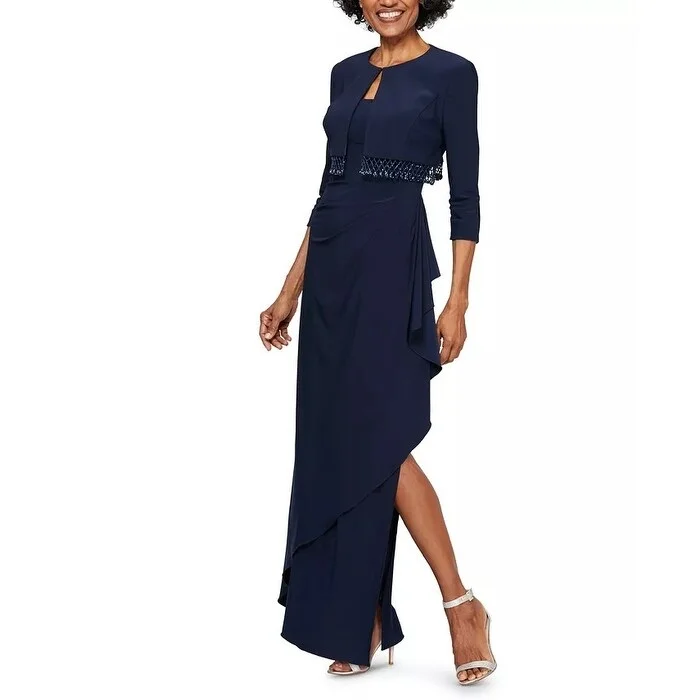 women's breathable dressesAlex Evenings Women's Ruched Gown With Bolero Blue Navy Size 8