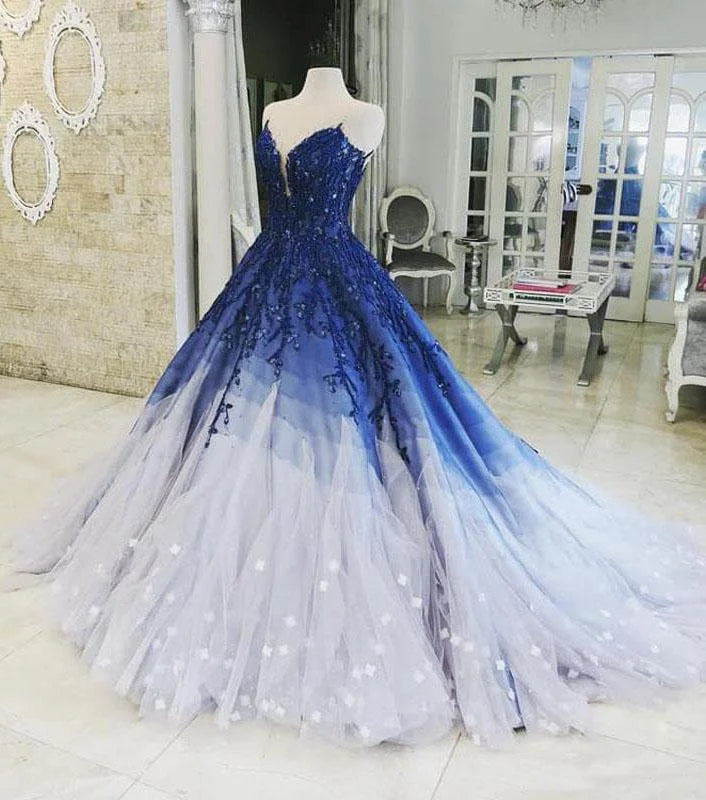 Satin DressBlue Shiny Elegant V-Neck Applique Gradient Long Ball Gown Prom Dress Evening Dress Adult Ceremony Dress gh3104