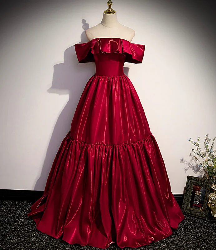 Statement DressRed satin off shoulder elegant simple long ball gown A-line evening dress 10019