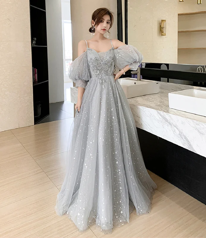 Casual DressGray tulle lace long prom dress evening dress  8945