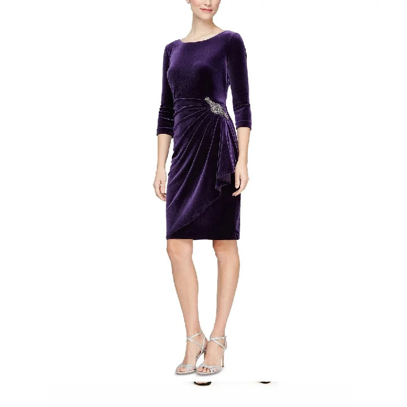 women's bow dressesAlex Evenings Women's Off The Shoulder Velvet Cocktail Dress Dark Purple Size 16 Petite