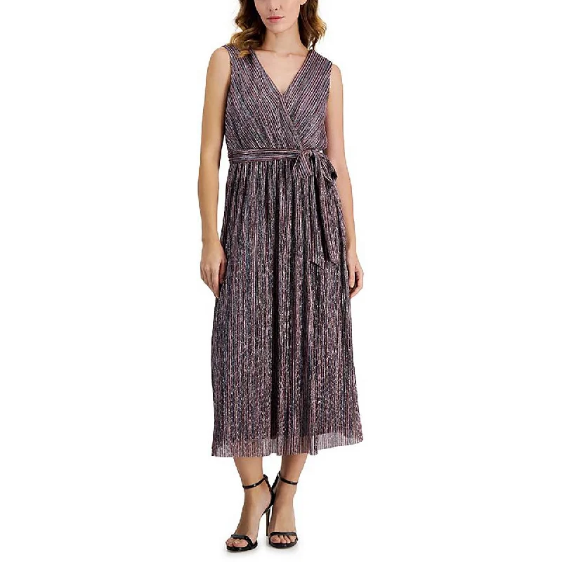 High-Neck DressAnne Klein Womens Metallic Tea Length Midi Dress