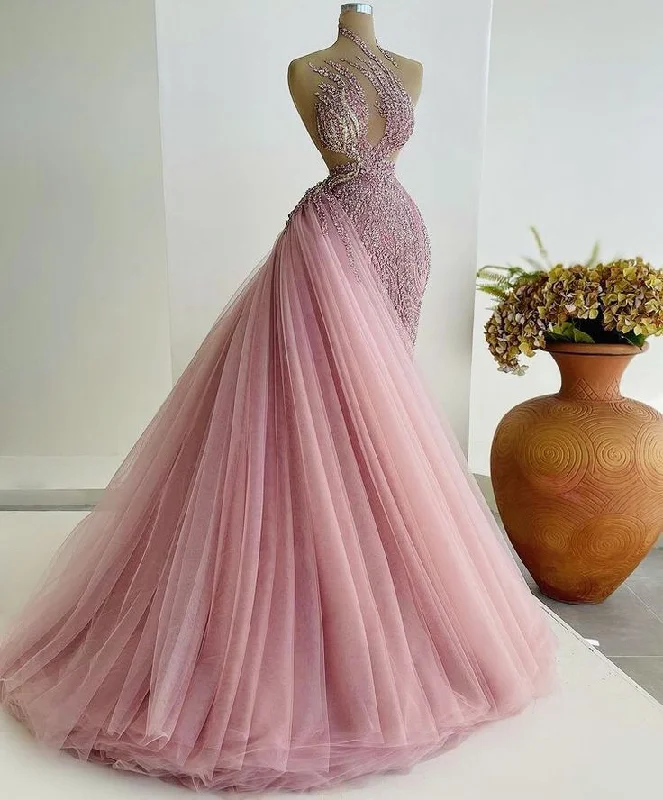 women's glam dressesPink Shiny Gorgeous Fantasy Long Beaded Tulle Ball Gown Evening Dress gh3129