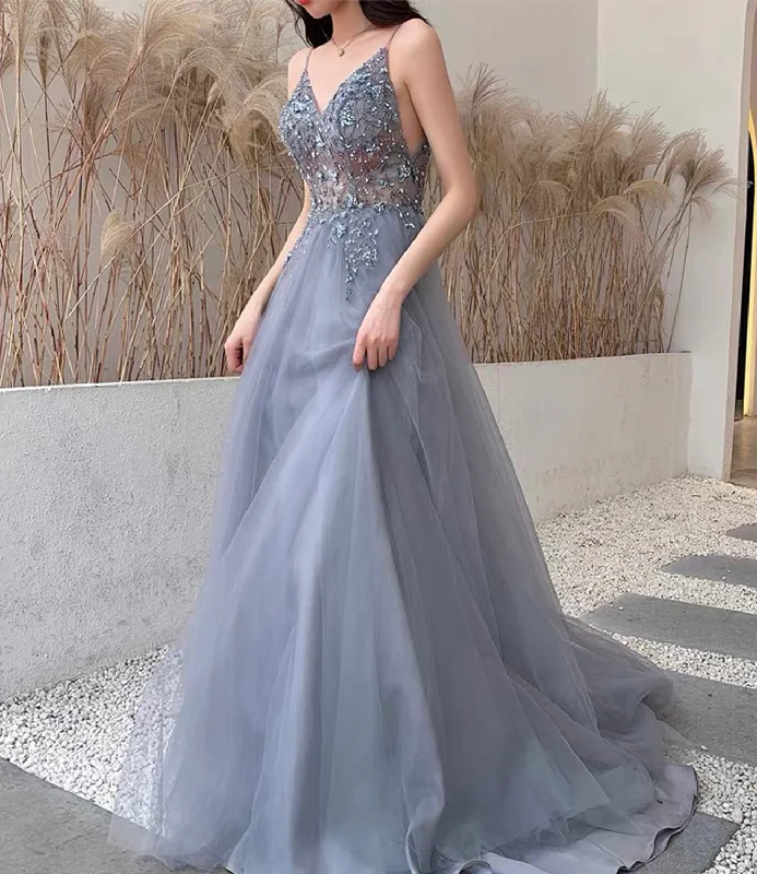 Flowy DressBlue tulle beads long prom dress blue evening dress  10453