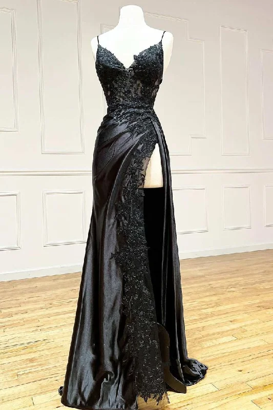 Sheath DressBlack elegant sexy spaghetti straps applique side slits long lace evening gown ball gown gh2611