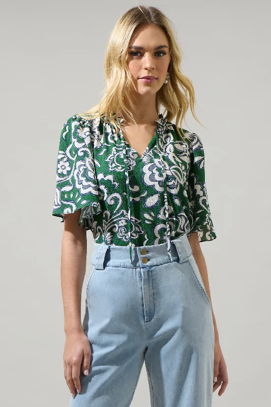 women's tops for those who want to elevate their everyday wear with chic and elegant piecesHarriet Floral Ruffle Split Neck Dupont Top