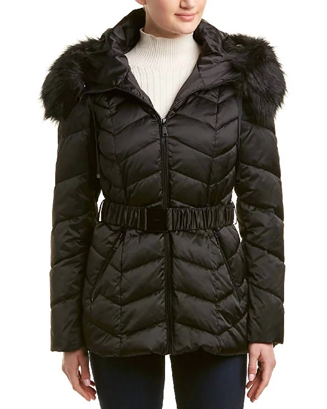 women's coats for layeringLeon Faux Fur Trim Hood Belted Coat Short Jacket In Black