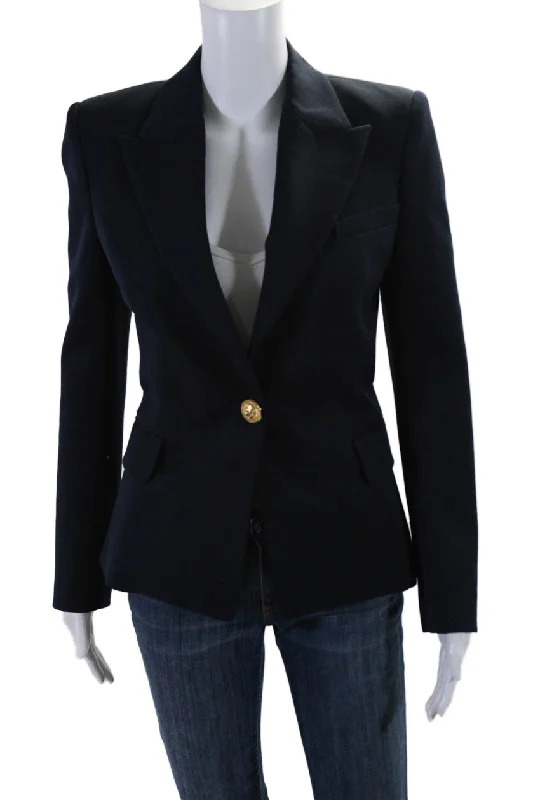 luxury women's coatsBalmain Womens Single Button Pointed Lapel Blazer Jacket Navy Blue Wool FR 36