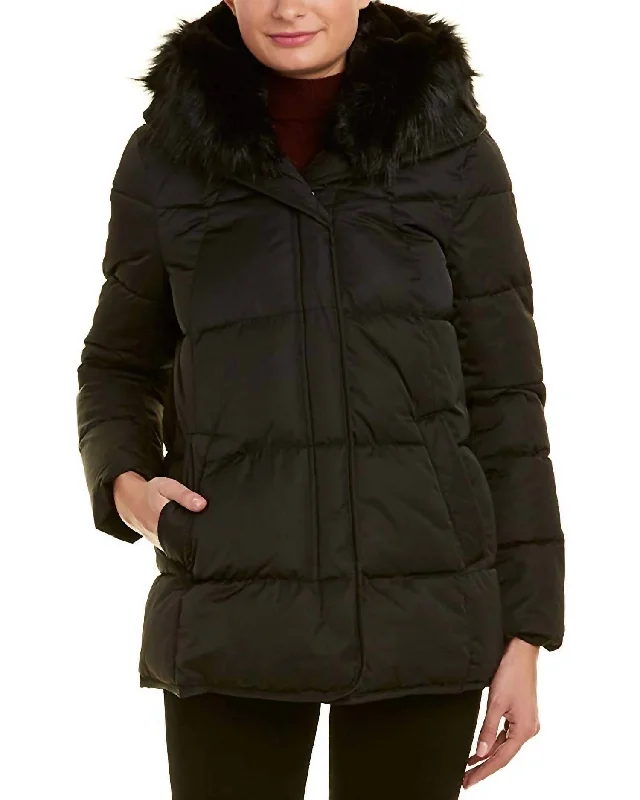 women's coats for business casual attireMorgan Faux-Fur Trim Puffer Short Coat In Black