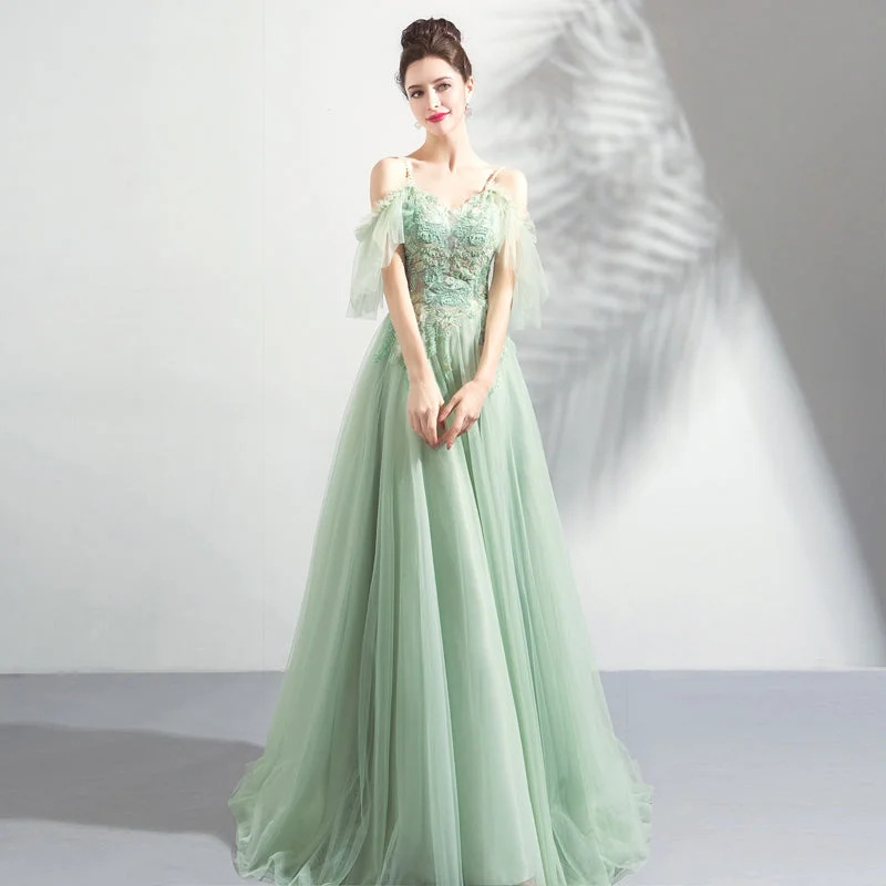 women's lace dressesGreen tulle lace long prom dress, evening dress  8043