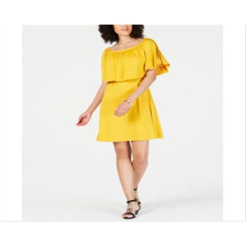 women's metallic dressesThalia Sodi Women's Cap Sleeve Crew Neck Short Fit Flare Evening Dress Yellow Size Medium