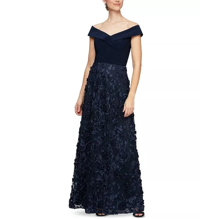 women's floral dressesAlex Evenings Women's Mixed Media Off The Shoulder Gown Navy Size 6