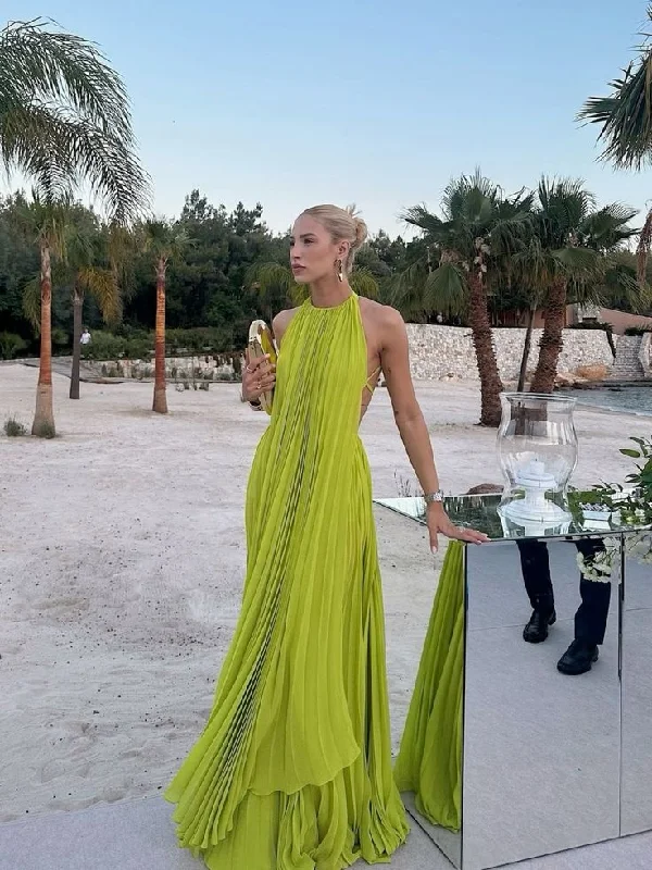 women's high-end dressesYellow green halter neck backless long chiffon ball gown evening dress gh3127