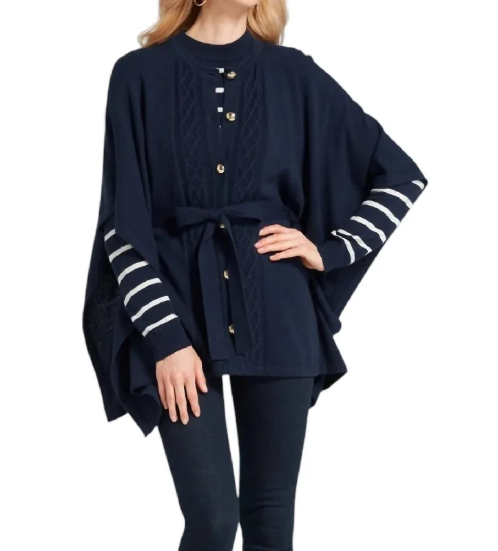 women's coats with cinched waistsCable Knit Sweater Cape In Nassau Navy