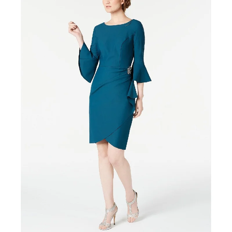 women's travel dressesAlex Evenings Women's Bell-Sleeve Draped Compression Sheath Dress Green Size 8