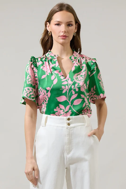 women's tops for those who want to add a personal touch to their wardrobe with unique and one-of-a-kind piecesAnela Floral Mei Split Neck Satin Top