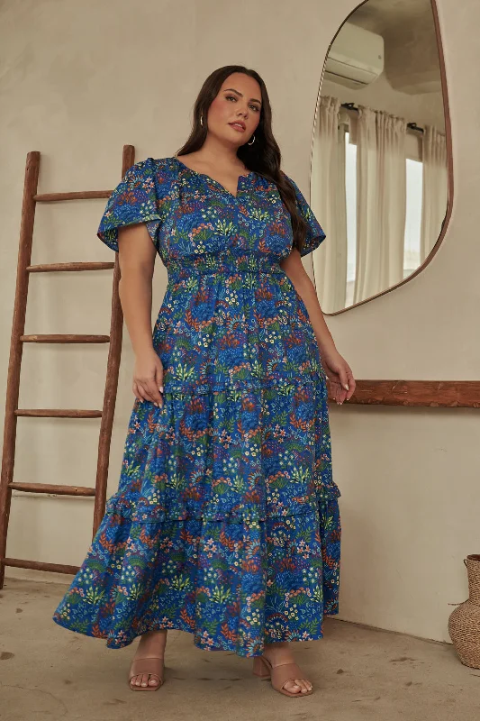 Flutter-Sleeve DressRuya Floral Palmer Poplin Tiered Maxi Dress Curve