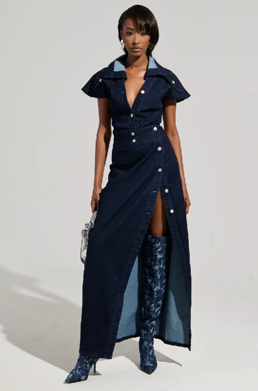 women's wrap dressesCHELSEA BUTTON SIDE DENIM MAXI DRESS