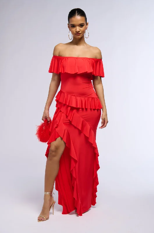 women's mother of the bride dressesNOT THE EMOJI RUFFLE MAXI DRESS