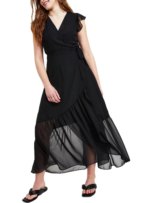 Asymmetric DressPetites Womens Wrap Ruffle Sleeves Maxi Dress