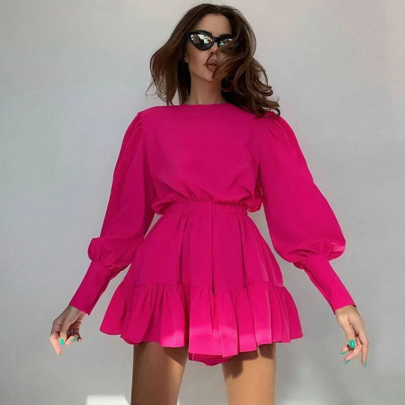 Ruffled Hem DressTrendy Puff Sleeve Gathered Waist Ruffle Smock Mini Dress - Hot Pink