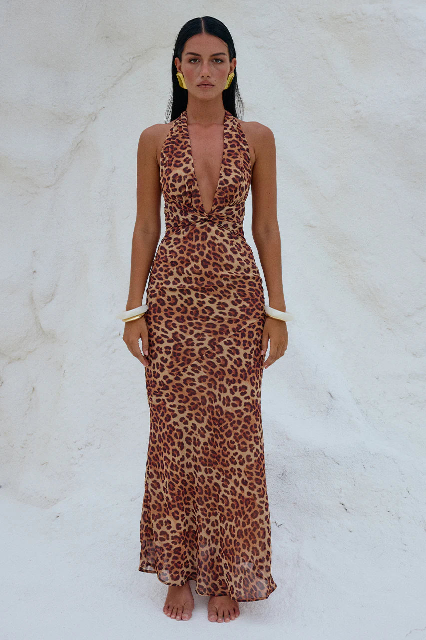 Wrap DressRunaway The Label Tenaya Maxi Dress in Leopard Print