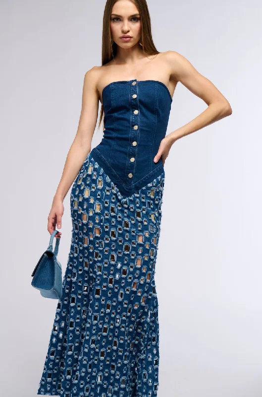 women's bespoke dressesYOU KNOW THE VIBES CUT OUT DENIM MAXI DRESS