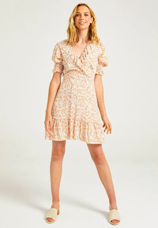 Ribbon DressFrill Detail Mini Dress in Ditsy Floral Print