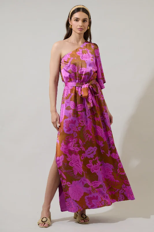 Fit-And-Flare DressLorian Floral Meara One Shoulder Satin Maxi Dress