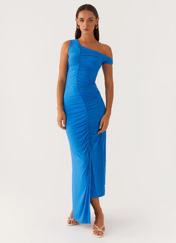 women's fashionable dressesAnaya Ruched Asymmetrical Maxi Dress - Azure