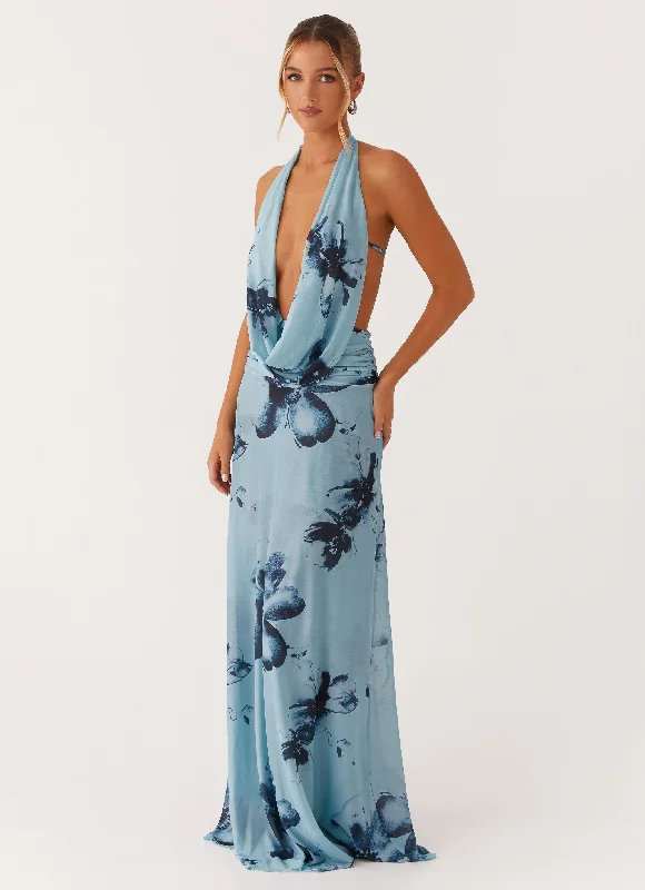 women's evening dressesElysia Mesh Maxi Dress - Blue Black Floral